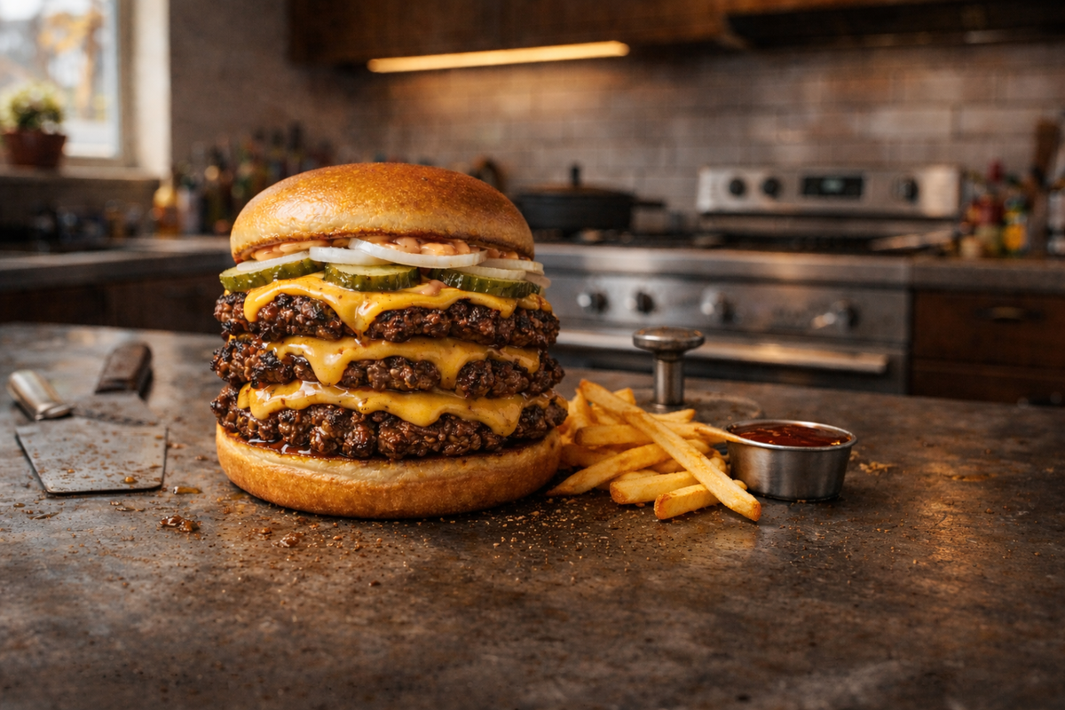 The tripple smashburger with caramlized union