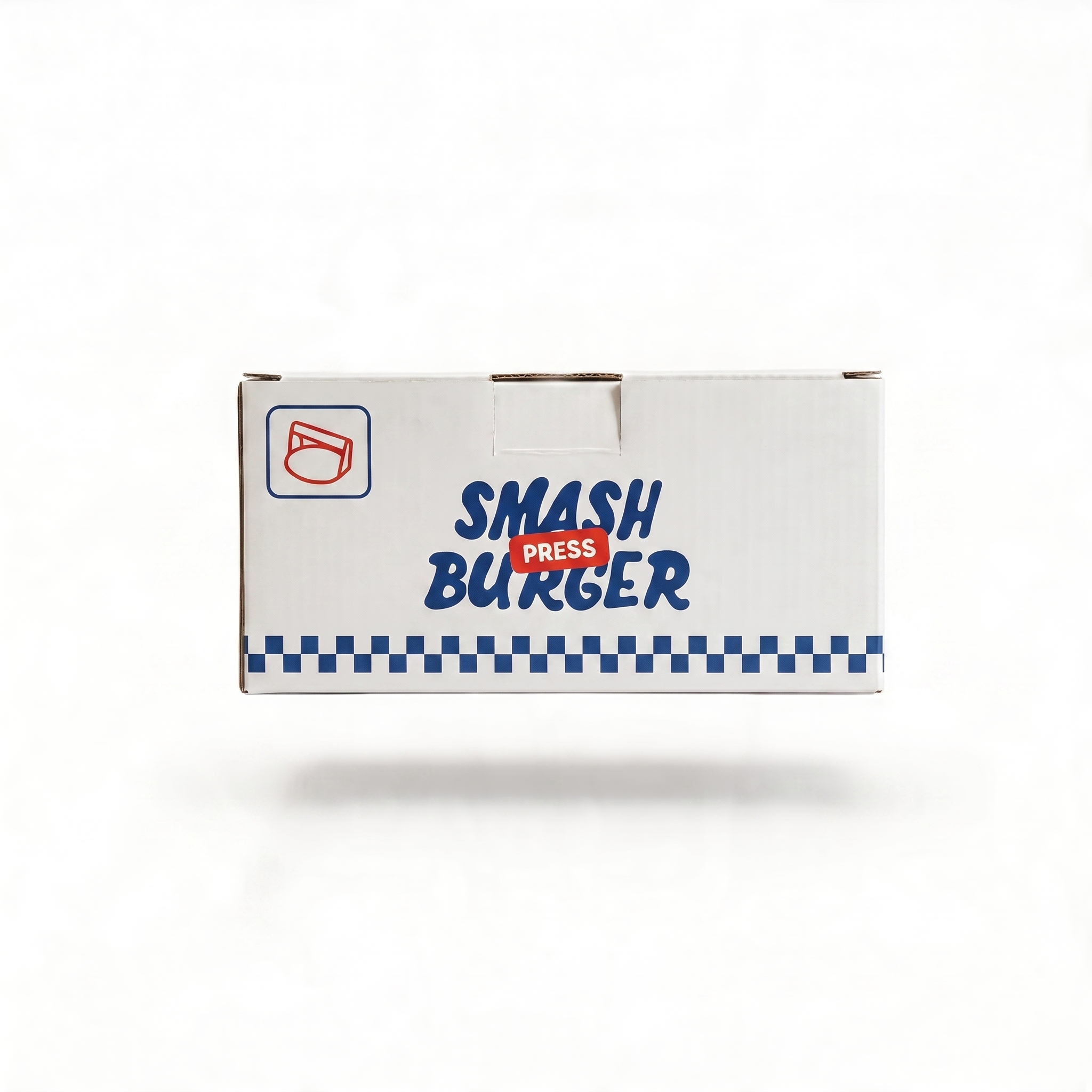 Witte kartonnen verpakkingsdoos van Smash Burger Press met blauw ruitjespatroon langs de onderkant, rood productlogo en illustratie van de burger press op de zijkant