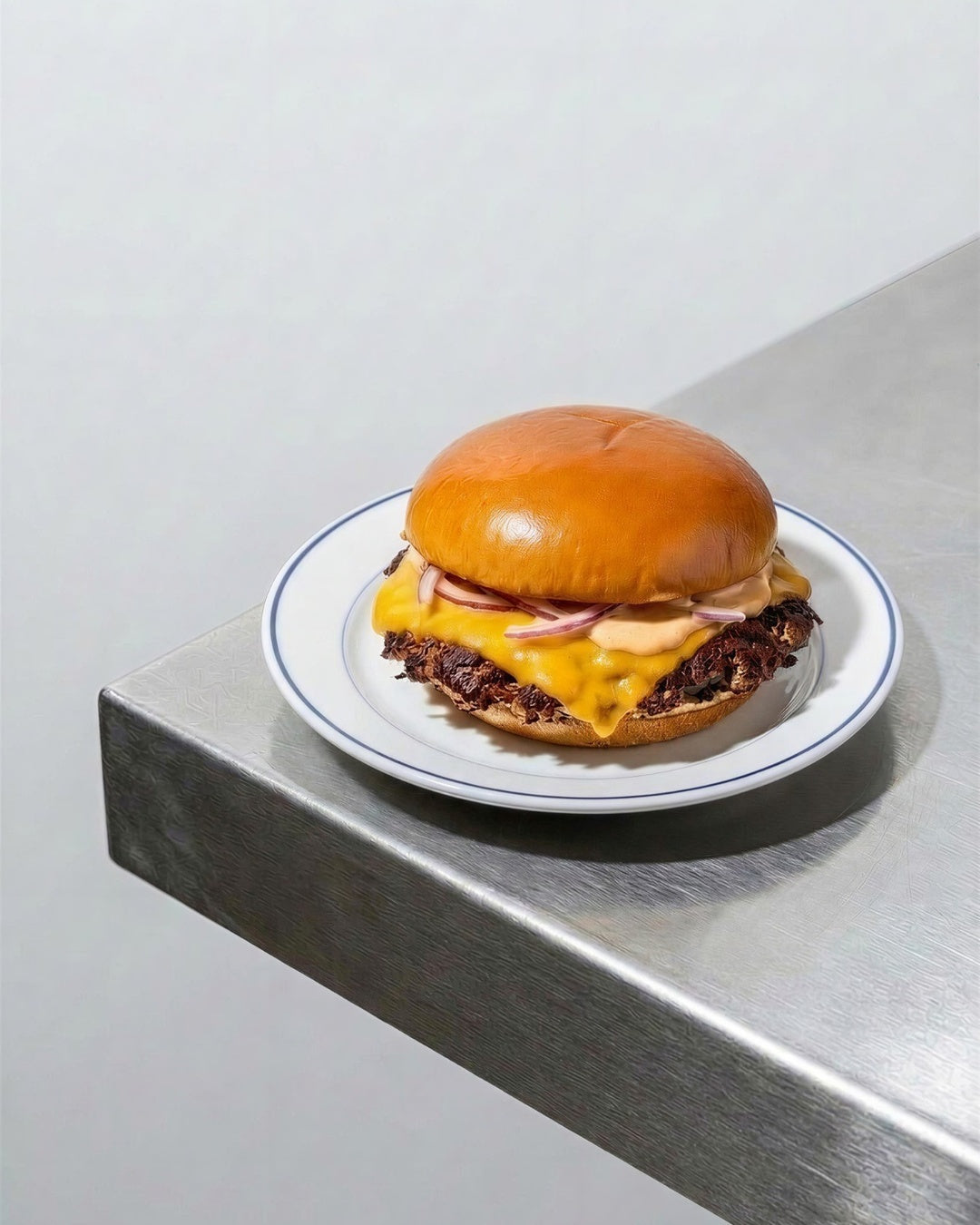 Smashburger met gesmolten cheddar op een bord